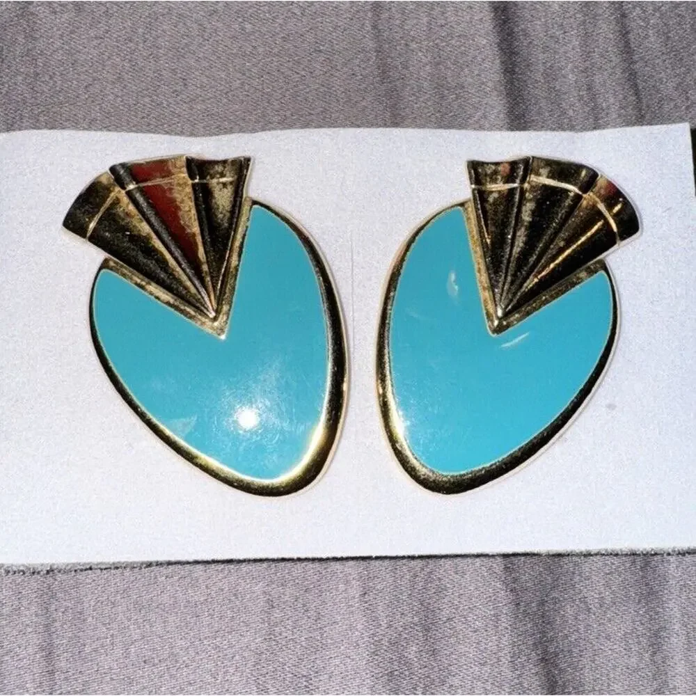 EARRINGS VTG 1980's Art Deco Turquoise Enamel 1.5
